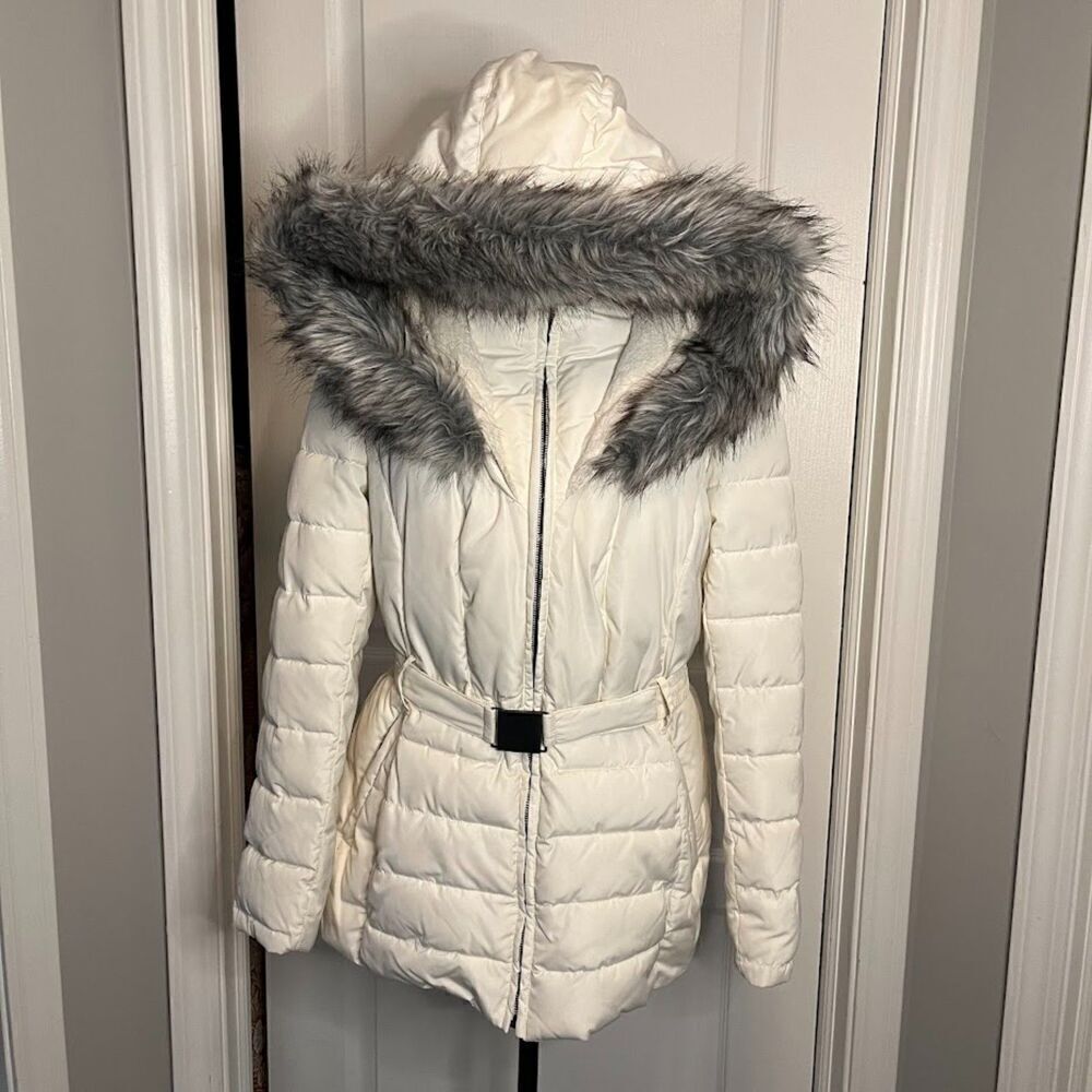 Bar III Quilted Puffer Faux Fur Hooded Belted Lined Pocket Parka Coat